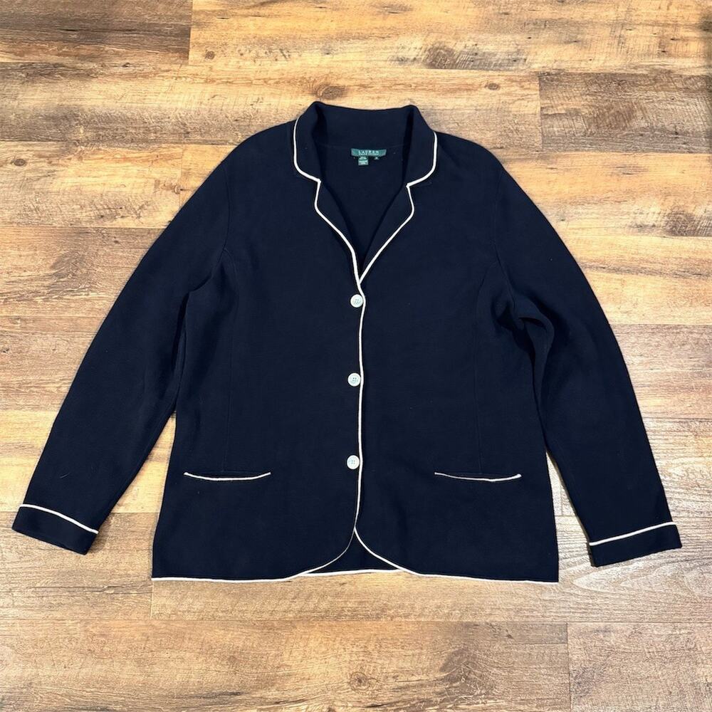 Lauren Ralph Lauren Cotton Sweater-Knit Blazer 2XL Navy White Piping Old Money